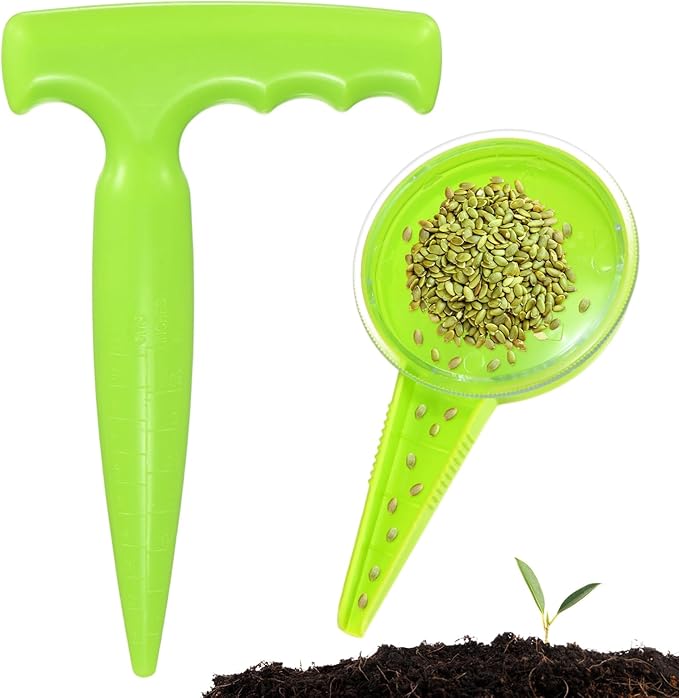M METERXITY 1-Set Seed Planter Tool, Plastic Hand Dibber Garden Tool with Handle for Sowing Seeds/Transplanting/Planting Bulbs, Handheld Digging Hole Punch Adjustable Dispensers [Light Green]