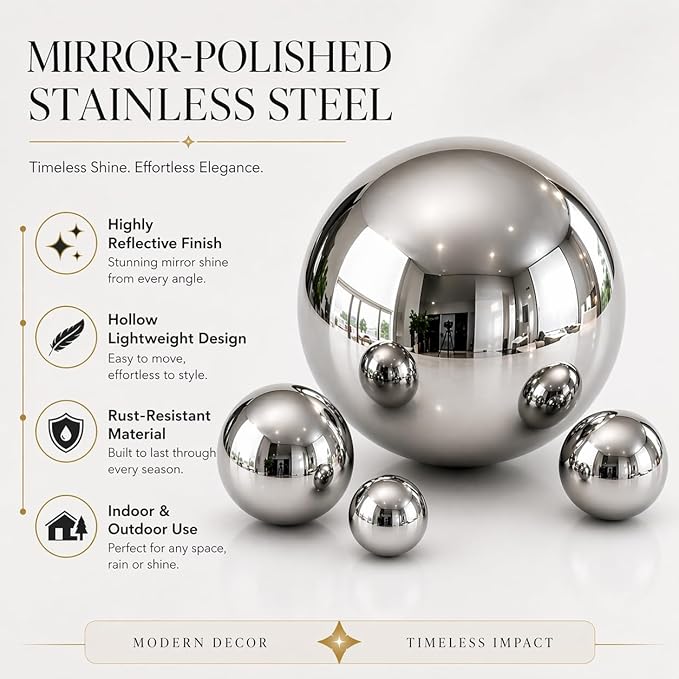 Nerien Gazing Ball, Stainless Steel Garden Mirror Globe, Polished Ornament Sphere, Hollow Floating Reflective Hemisphere, for Home Outdoor Pond Housewarming Swimming Pool Decoration, Silver, 5Pcs Mix