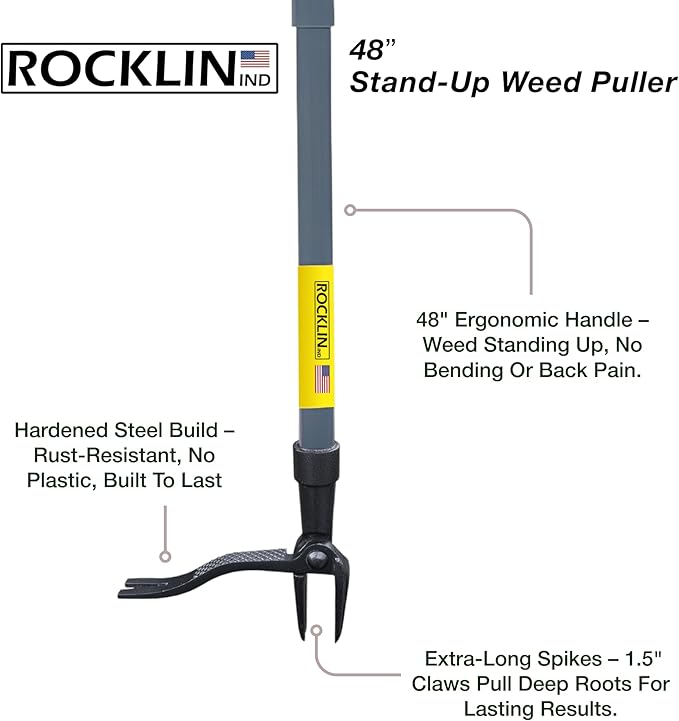 Rocklin Stand Up Weed Puller Tool Long Handle 48” | No Bending or Kneeling | 4-Claw Steel Head, Heavy Duty Dandelion Root Extractor & Weed Remover for Lawn for Dad, Husband & Men