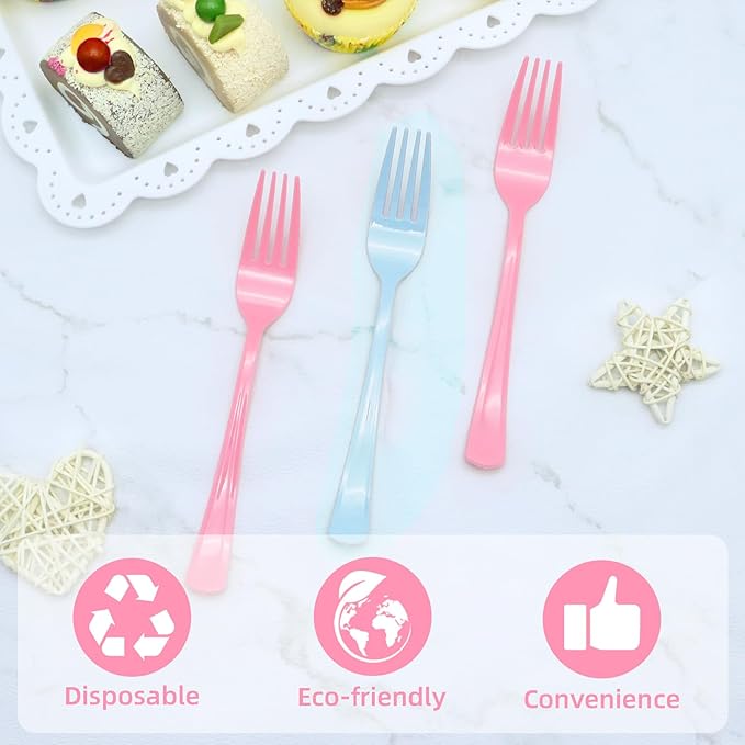 50 Pcs Pink and Blue Plastic Forks Heavy Duty Plastic Cutlery Sets 25 Pink Forks and 25 Blue Forks for Birthday Baby Shower Gender Reveal