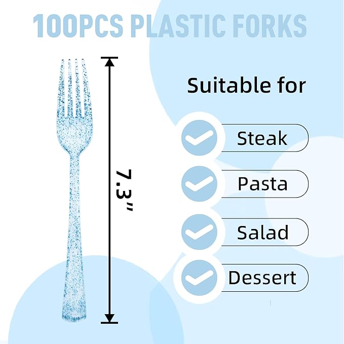 100 Pcs Blue Plastic Forks Blue Glitter Silverware Heavy Duty Plastic Utensils Disposable Cutlery Set for Brithday, Baby Shower, Picnic