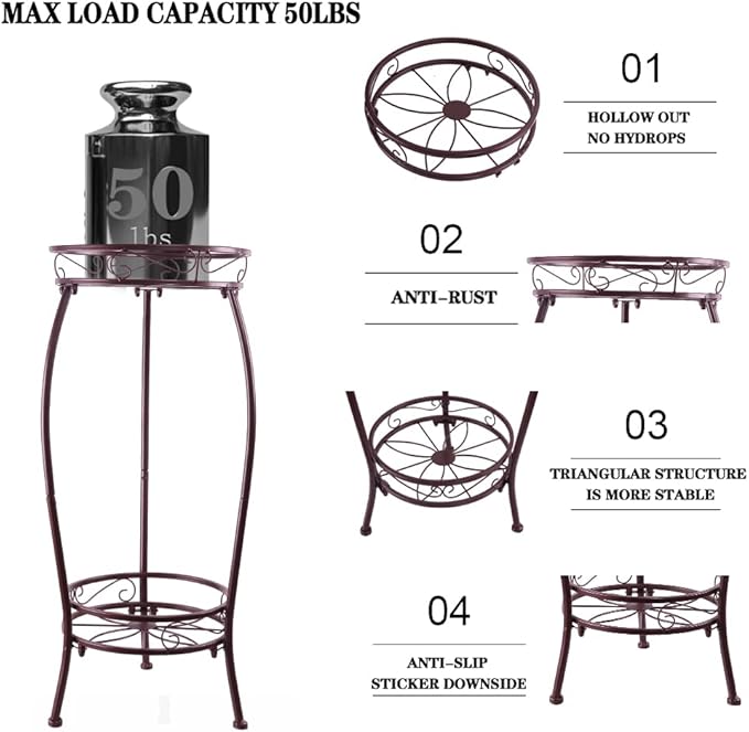 Metal Plant Stand,Indoor Outdoor 2 Tiers Tall Plant Stands,27.1'' Iron Corner Flower Pot Holder, Plant Rack,Display Shelf Racks for Home Garden Office -Brown