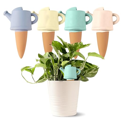 Joyeee 4 Pack Terracotta Watering Can Shape Spikes, Automatic Drip Irrigation Devices for Indoor Outdoor Potted Plants, Self Watering Spikes for Vacations with 100ml Capacity, 4 Mixed Colors