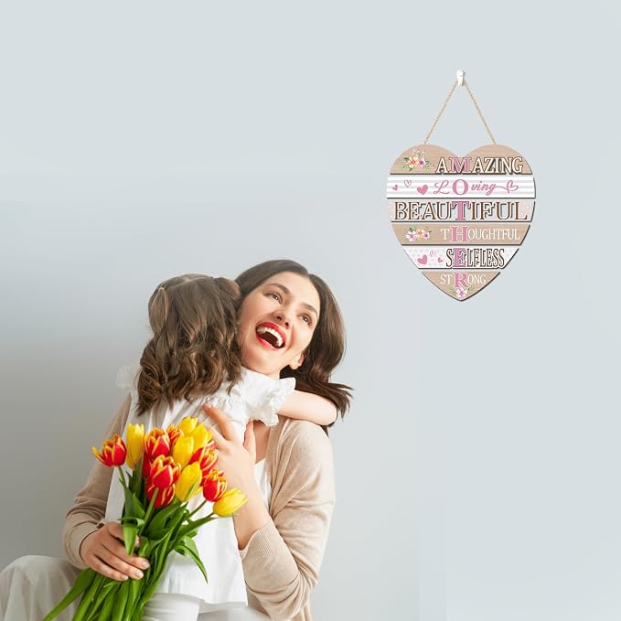 HOURIA Inspirational Mothers Day Decorations (12.2”x11), Heart-Shaped Amazing Mother's Day Wooden Sign for Front Door Wreath Home, Mom Birthday Gifts from Daughter Son