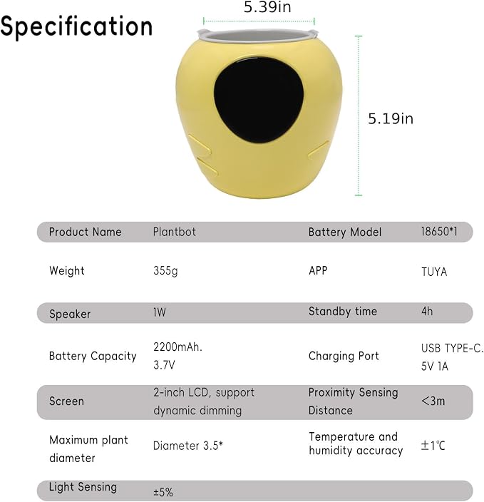 Smart Plant Pot with Expression, AI Intelligent Flower Pot for Indoor Decoration, Smart Garden Pot with Water/Light/Temperature Sensors, Ivy AI Planter (Yellow（Big）)