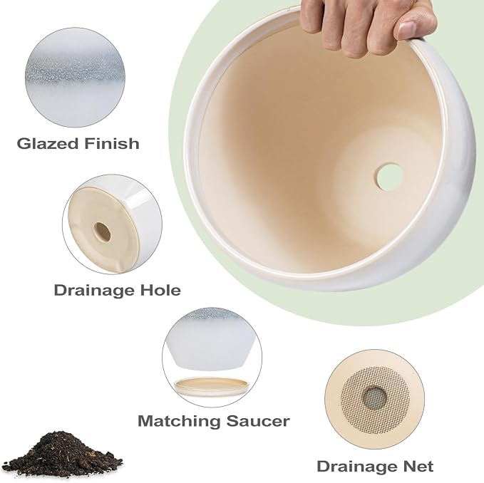 Ceramic Plant Pots - Modern Round 10 Inch 8 Inch 6 Inch Planters for Indoor Outdoor, Flower Pots with Drainage Holes and Plant Saucers, Home Decor, Plant Lover Gifts, Set of 3, White-Grey