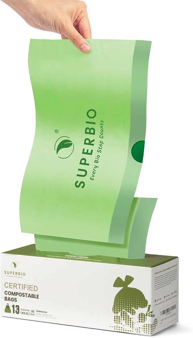 SUPERBIO 13 Gallon Compostable Drawstring Kitchen Waste Bag, 49.2 Liter, 30 Count,1 Mil, Heavy Duty Food Scrap Bags, BPI, Seedling and OK compost INDUSTRIAL