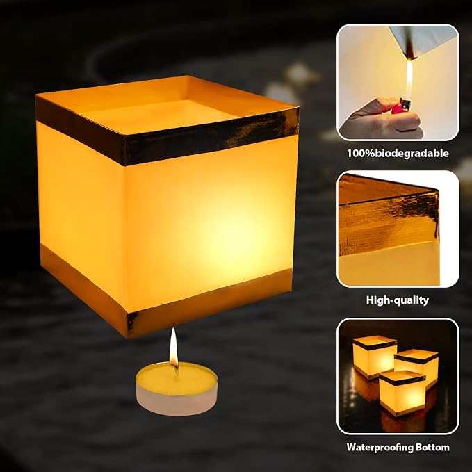 40Pack Paper Floating Water Lanterns,Gold+White Square Memorial Candle Lantern,Table Lanterns Decorative Outdoor for Weeding,Lawn,Pool ,Wishing (40Pack Paper Lanterns with Candles)