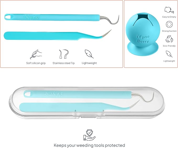 iVyne Berry and Silicone Weeding Tools - Suction Vinyl Weeder, Craft Tweezer, Scrap Collector Holder, Storage for Cricut, Silhouette Accessories - Blue