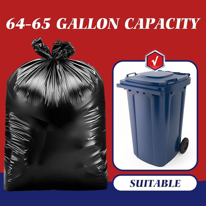 Teivio Black Large Trash Bags 64-65 Gallon 32 Count | Large Multipurpose | Fit 60,62,63,64,65 gallon Garbage Bin Liner | Kitchen | Lawn And Leaf Bags Outdoor Yard Waste Bag | Workshops Trash