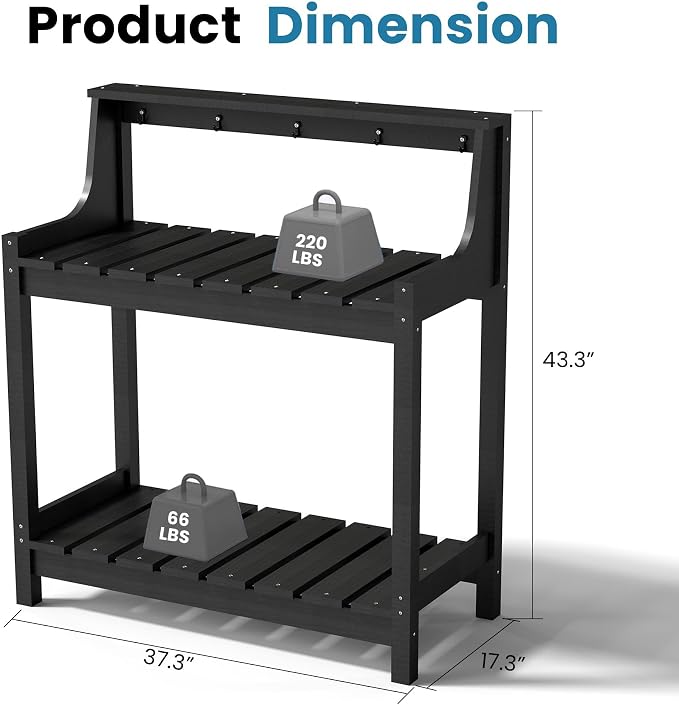 Garden Potting Bench for Outside, HDPE Outdoor Potting Table with Storage Shelves & Tool Hooks, All Weather Planting Workstation for Patio Backyard Garden (Black)