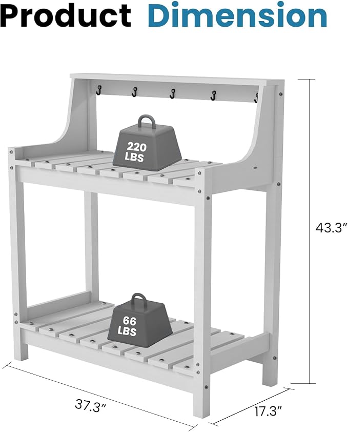 Garden Potting Bench for Outside, HDPE Outdoor Potting Table with Storage Shelves & Tool Hooks, All Weather Planting Workstation for Patio Backyard Garden (White)