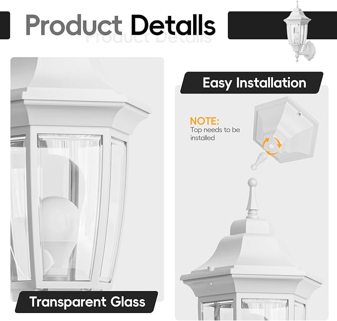 EMART Outdoor Front Porch Light, Exterior Anti-Corrosion, Waterproof Aluminum & Glass Shades Wall Lamp Fixture, Modern Sconce Lantern for Outside, House, Garage - 2 Pack, White （Bulb Included）