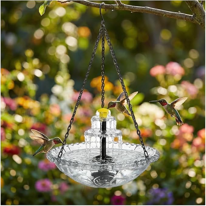 Solar Hanging Humming Bird Bath Fountain with Pump, Glass Bowl Cascading Water Fountain Solar Powered Outdoor Bird Bath for Garden Patio Yard (Gray)