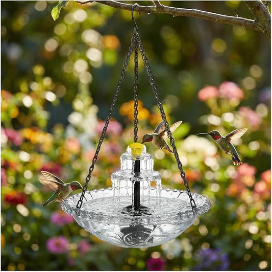 Solar Hanging Humming Bird Bath Fountain with Pump, Glass Bowl Cascading Water Fountain Solar Powered Outdoor Bird Bath for Garden Patio Yard (Gray)
