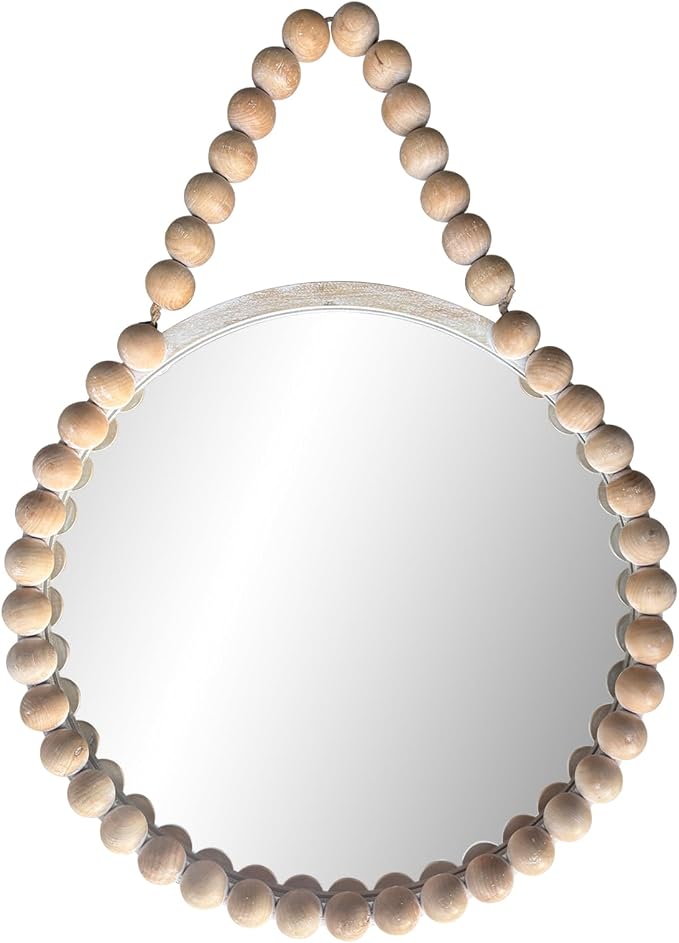 POZINO Wood Beaded Round Mirror, 24" Farmhouse Hanging Rustic Mirror with Rope, Spherical Frame Circle Wall Mirror for Bathroom Bedroom Living Room Hallway Entryway Fireplace