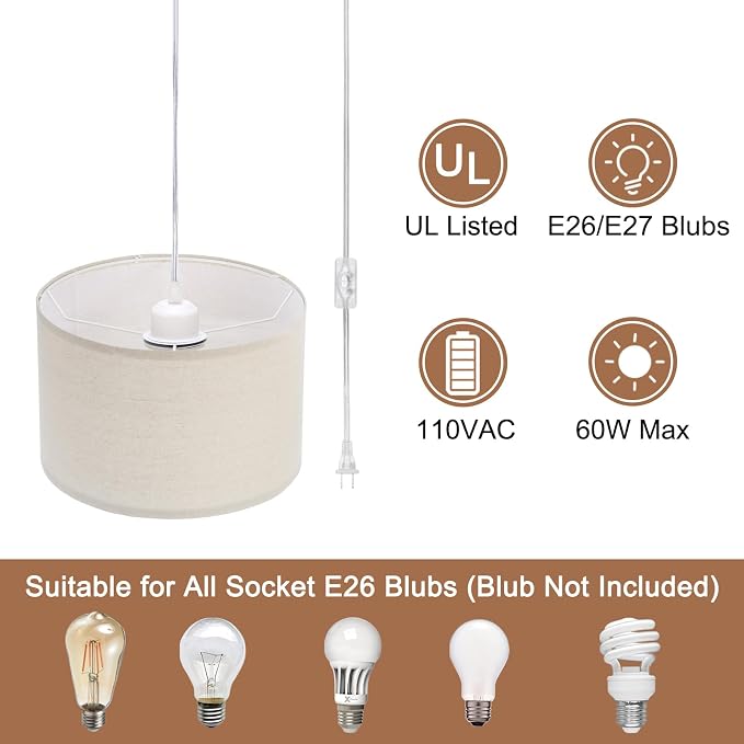 PATIKIL Plug in Pendant Light, 15Ft Rope Cord Hanging Lamp Fixture with ON/Off Switch, Linen Fabric Shade E26/E27 Bulb Socket for Bedroom Kitchen Living Room, Light Linen