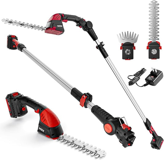 MZK 2-in-1 20V Pole Mini Hedge Trimmer & Grass Shear, 13ft Reach, Electric Hedge Trimmer with Extension Pole, Multi-Angle (1 Battery and Charger Included) (13FT)