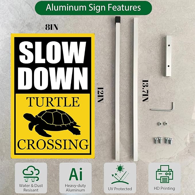Turtle Crossing Sign With Stakes Slow Down Signs For Neighborhoods Reflective Rustproof Aluminium Yard Garden Stake Caution Sign Beach Lawn Walkway Decorations Animal Signs 8X12 IN