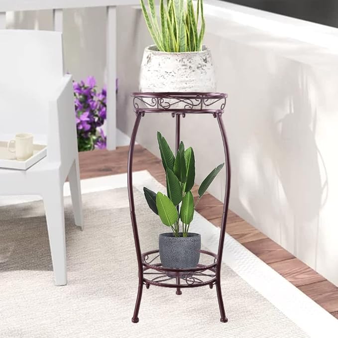 Metal Plant Stand,Indoor Outdoor 2 Tiers Tall Plant Stands,27.1'' Iron Corner Flower Pot Holder, Plant Rack,Display Shelf Racks for Home Garden Office -Brown