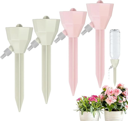 M METERXITY 4-Pack Self Watering Spikes for Plants, 5.3 Inch Plastic Plant Watering Devices with 4 Stoppers for Indoor/Outdoor Pots, Garden Water Planter System [Beige/Pink]