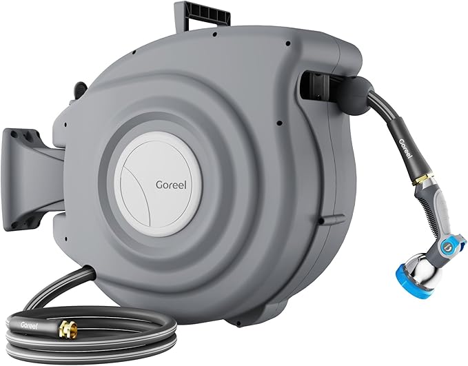 Retractable Garden Hose Reel 1/2 in x 100 ft Heavy Duty Automatic Water Hose Reel with 10-Function Sprayer Nozzle Kink-Free Auto Rewind Any-Length Lock 180° Swivel UV Resistant - Dark Gray