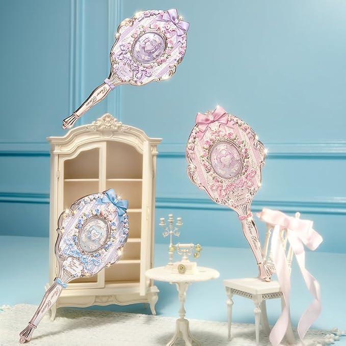 Flower Knows Bunny Garden Collection Hand Mirror,Vintage Portable Handheld Mirror,Fancy & Pretty Princess Mirror with Long Handle,Gift for Girls(Cloudy Blue)
