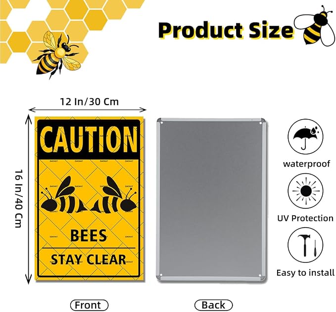 EMOHAT Caution Bees Stay Clear Metal Tin Sign, Aluminum Warning Sign, 16x12 Inch Bee Wall Decor for Garden & Yard, Rustic Farmhouse Outdoor Indoor Decor