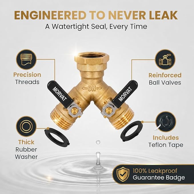 Morvat Brass 2-Way Y Splitter LEAD-FREE, Heavy-Duty Garden Hose Connector with Extra Long Butterfly Comfort Grip ON/OFF Valves, Adapter for Water Faucet & Spigot, Extra 10 Washers Teflon Tape (2-Pack)
