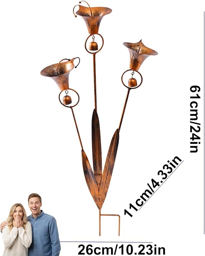2026 Flamed Copper Three Calla Lilies Garden Stake with Bells, Rain Catcher Flower Handmade 24inch Large Whimsical Metal Plant Sculpture Yard Art Decor, Rustic Wind Chime Ornament Gift