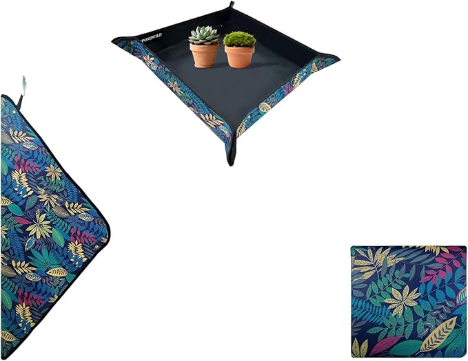 Plant Transplanting Mat - Thickened Waterproof Potting Mat, Succulent Gardening Mat, Portable Repotting Mat for Mess Control, Indoor Outdoor Use, PVC Black Leaf Print, 19.7"x19.7"