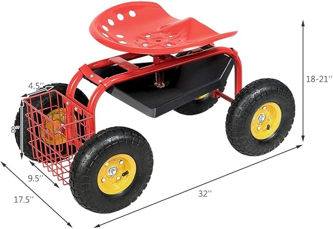S AFSTAR Rolling Garden Seat, Outdoor Lawn Yard Patio Work Seat with Heavy Duty Wheels, Swivel Seat, Tool Tray & Basket, Garden Cart Wagon Scooter (Red)