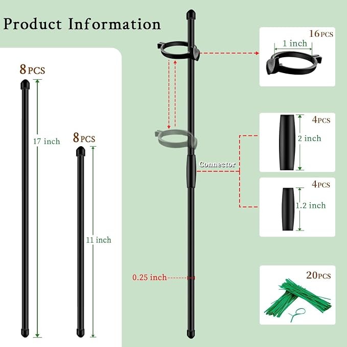Plant Stakes 17inch &11inch SupKing Adjustable Length Plant Support Stake 16Pcs Orchid Sticks with Clips for Indoor Outdoor,Garden Poles for Potted Tomato Amaryllis Vegetables with 20 Ties (Black)