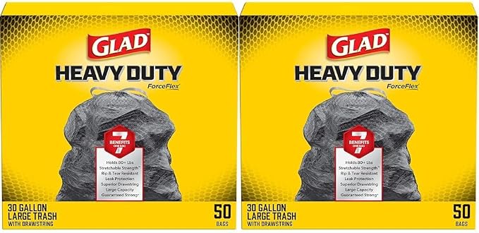 Glad Trash Bags, ForceFlexPlus Drawstring Large Garbage Bags - 30 Gallon, 50 Ct (Package May Vary) (Pack of 2)