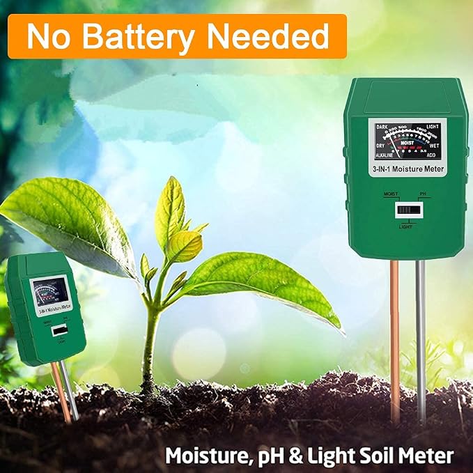 Soil Test Kit for Moisture, pH& Sunlight Meter,3 in 1 Soil Tester for Plant, Vegetables, Garden, Lawn, Farm, Indoor/Outdoor Use (No Battery Need) (Green 2.0)