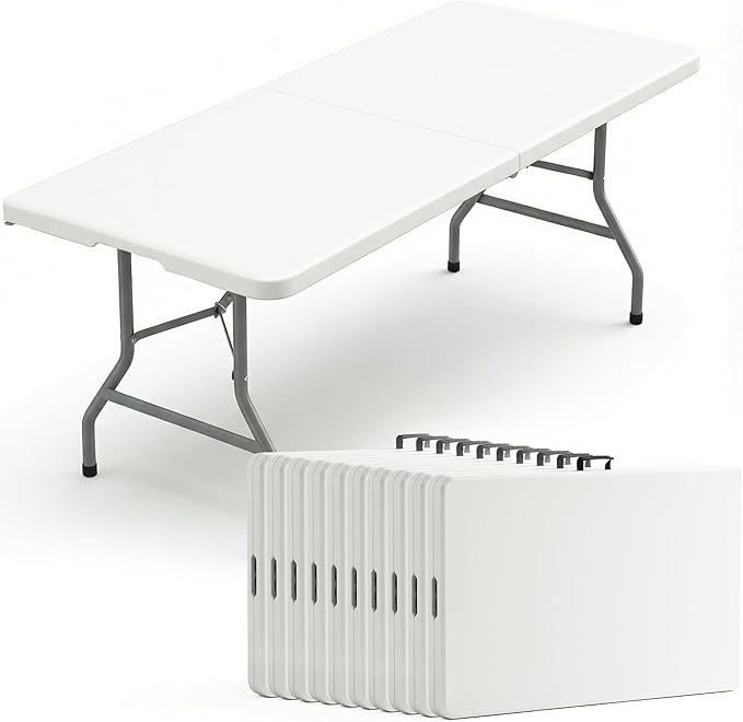 10 Pack of 6 Foot Foldable Table with Built in Handle & Steel Legs, 6FT Portable Heavy Duty Plastic Folding Tables for Parties, Dining, Wedding, Events, Picnic, Indoor & Outdoor, Camping, Utility