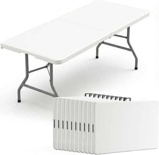 10 Pack of 6 Foot Foldable Table with Built in Handle & Steel Legs, 6FT Portable Heavy Duty Plastic Folding Tables for Parties, Dining, Wedding, Events, Picnic, Indoor & Outdoor, Camping, Utility