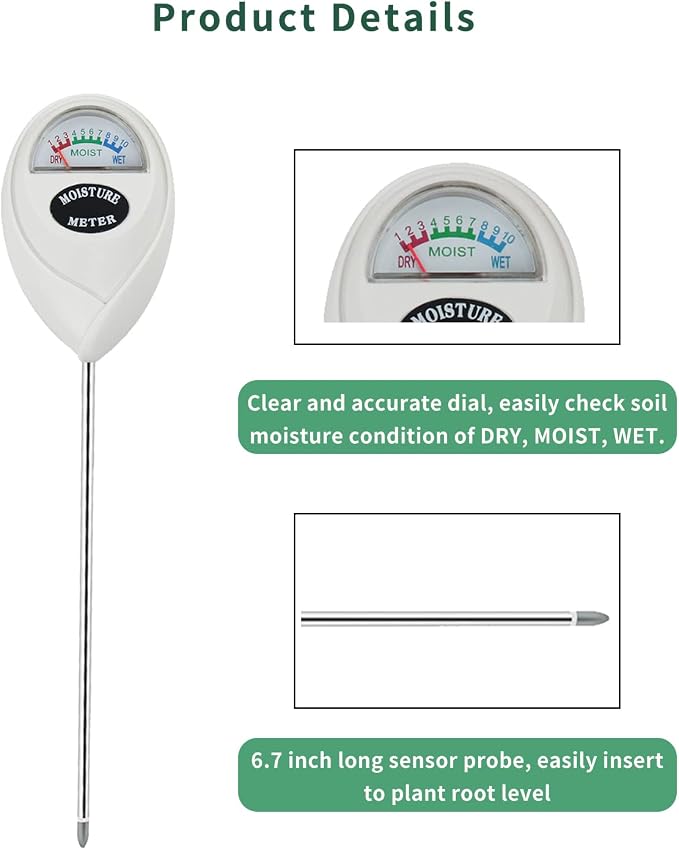Censinda Soil Moisture Meter, Soil Moisture Monitor for House Plants, Soil Hygrometer Moisture Sensor for Indoor & Outdoor, Garden, Farm, Lawn Plant Care, No Battery Needed(White)