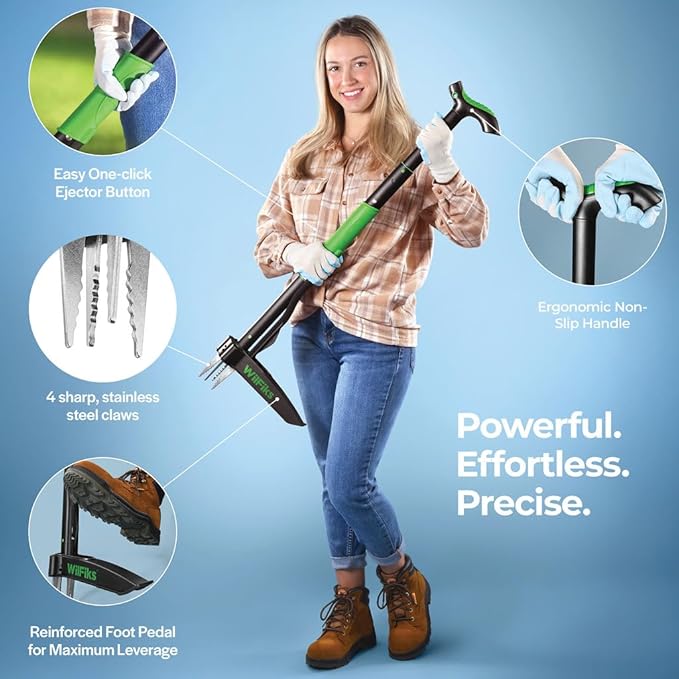 Weed Puller Tool with Long Adjustable Handle (36", 38", & 43"), Quick-Release Weed Ejector Mechanism, Lightweight Aluminum Stand-Up Heavy Duty Weed Remover, 4-Claw Head & Foot Pedal for Easy Weeding
