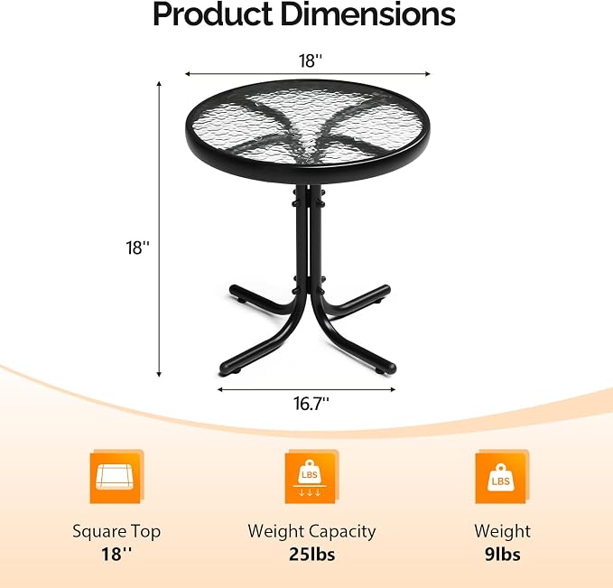 VINGLI Outdoor Side Table, 18" Patio Table Steel Frame Tempered Glass Top, Weatherproof Small Tables for Balcony Garden Poolside (Black, Round)