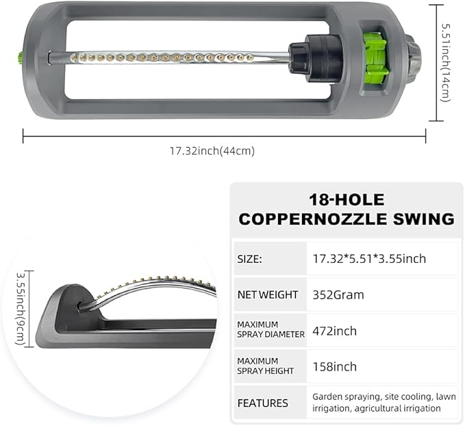 Lawn Sprinkler, Oscillating Sprinkler for Yard with 18 Hole Brass Nozzles, Watering for Lawn & Garden Covers up to 3,600 sq.ft, Easy Adjust Range Control, Built-in Spray Jet Cleaning Needle (Gray)