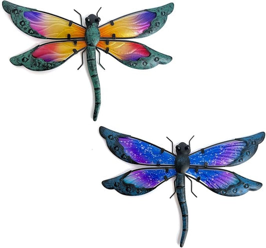 HONGLAND 2 Pcs Metal Dragonfly Decor, Dragonfly Outdoor Wall Decor, Metal Wall Art, Wall Sculptures Gifts Hanging Decorations for Garden Fence Yard Home-Orange&Blue