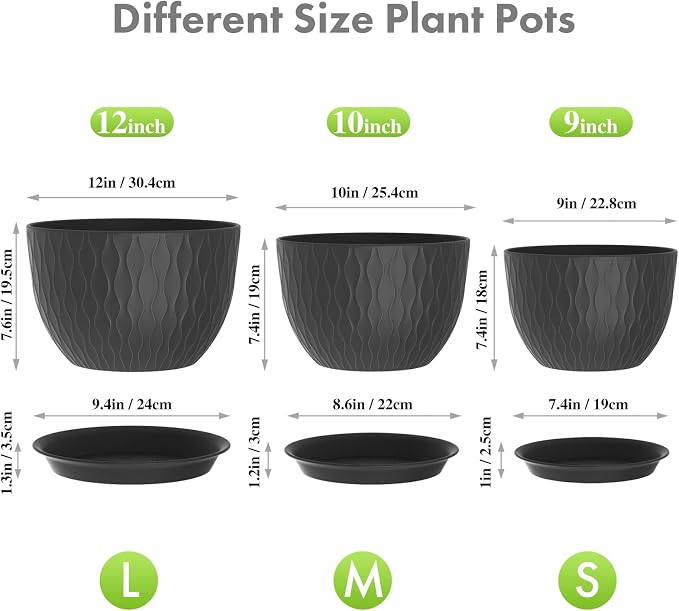 Meowell 12/10/9 inch Large Plant Pots, 3 Pack Wide Flower Pots for Outdoor Indoor Plants with Water Ripples, Big Plastic Planters with Drainage Holes and Saucers for Garden House Plants, Black