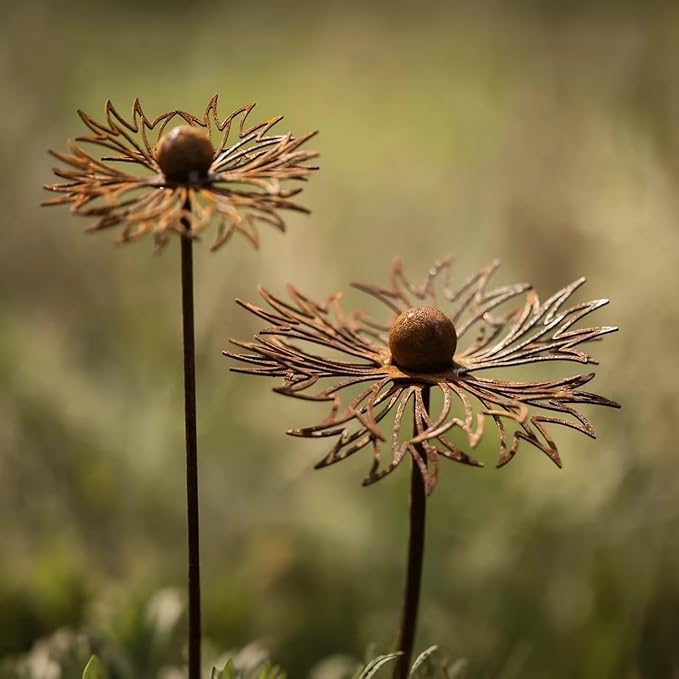 Set of 2 Vintage Rusty Cornflower Statues Stake 12 Inch Metal Artistic Wire Art Decor Rustic Garden Sculptures for Lawns Yard Patio Home Farmhouse Decoration (Bronze) (Coffee)