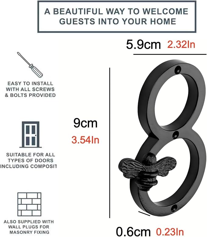 Aimery Bee House Number Sign, Classical Style 0-9 Metal, 3.5 inch for Outside, Motels，Address Numbers for House, Mailbox(Black,8)