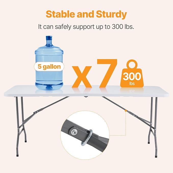 NEWBULIG 6 FT Foldable Table Easy to Fold and Store, Folding Picnic Table for Picnic Camping Kitchen Dining Party Outdoor Indoor with Carrying Handle, White