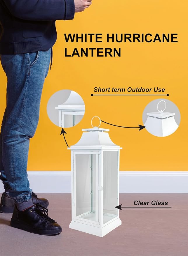 Serene Spaces Living White Hurricane Lanterns with Clear Glass Panels, Perfect for Home Decor, Parties & Events, Table Top Or Hanging Lantern for Indoor & Outdoor, 9.5" Square & 25" Tall