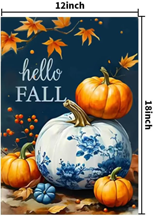 Hello Fall Garden Flag 12x18 Double Sided, Burlap Seasonal Thanksgiving Autumn Blue Pumpkin Garden Flags Fall Decorations for Home Outside Porch Garden Decor, Small Decorative Outdoor Yard Lawn Flags