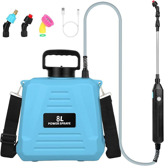 2 Gallon Battery Powered Sprayer - Upgraded Anti-Bend Hose Electric Garden Sprayer, Rechargeable Pump Sprayer with 3 Mist Nozzles, Retractable Wand, Adjustable Strap for Lawn, Plant Watering (Blue)