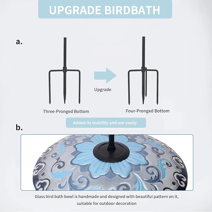 MUMTOP Glass Bird Bath, Garden Outdoor Birdbaths Birdfeeder with Metal Stake, Blue